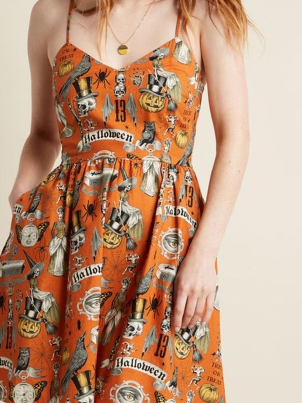 MODCLOTH- Vintage Halloween Print Orange Spaghetti-Strap Dress